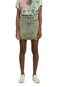 DESIGUAL, Fusta din denim cu broderie cu model paisley, Verde sparanghel DESIGUAL, Fusta din denim cu broderie cu model paisley, Verde sparanghel