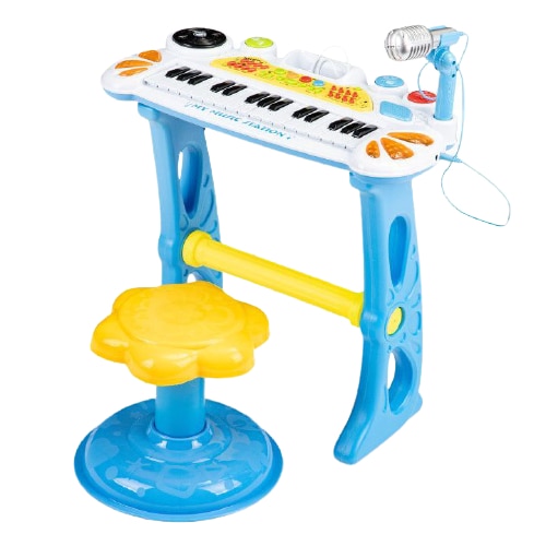 Orga electronica cu microfon si scaunel my music station, fuctie de redare din telefon, +3 ani, multicolor, 45 x 21 x 60 cm, albastru