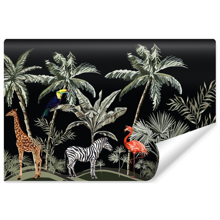 Fototapet Pentru Living 315cm x 210cm Girafa, Zebra, Flamingo, Papagal, Ghepard, Jungla, Palmieri, Copaci