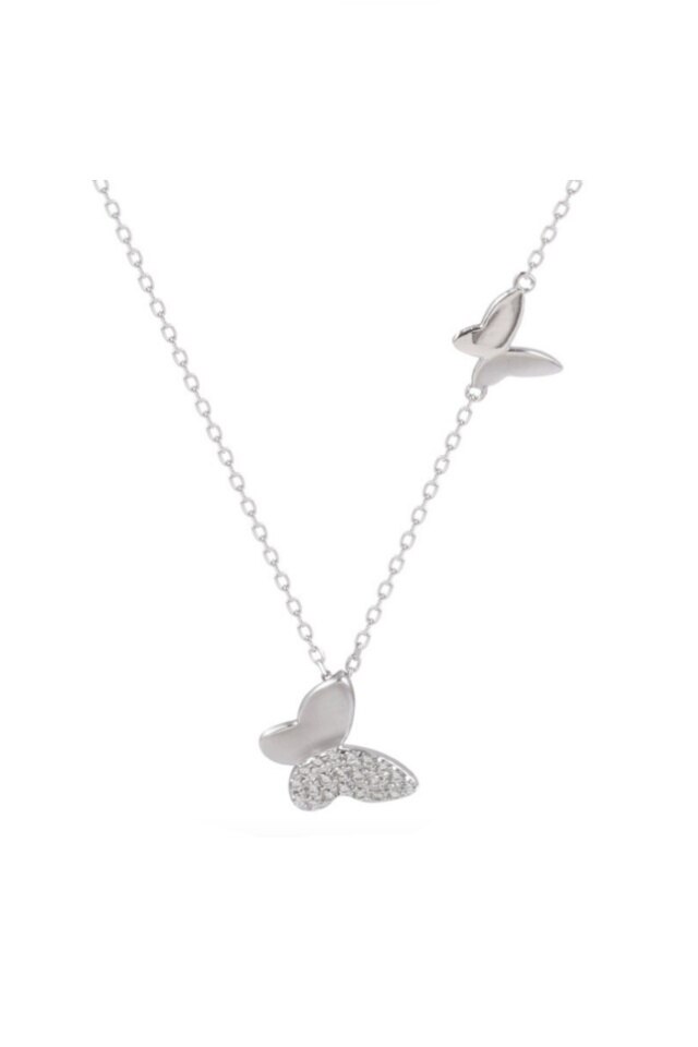 Lant din argint 925 Lady Butterfly cu 2 pandantive in forma de fluture cu pietre de zirconiu, 40 cm, potrivit cadou, aniversare, sarbatori