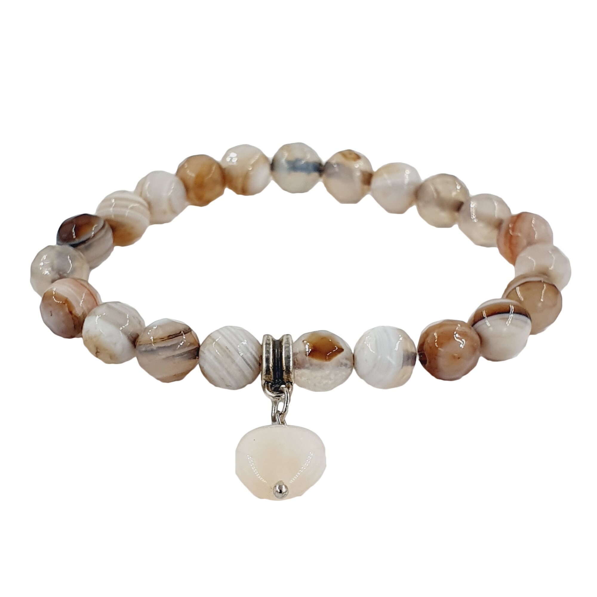 Bratara handamade din agat, Pandantiv in forma de inima, 8 mm, Alb/Maro