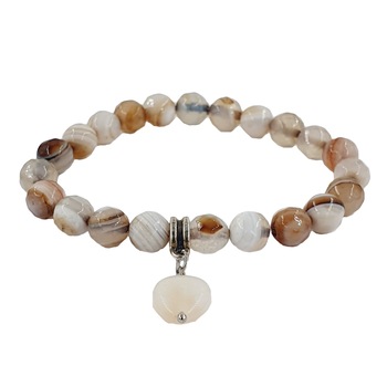 Bratara handamade din agat, Pandantiv in forma de inima, 8 mm, Alb/Maro Bratara handamade din agat, Pandantiv in forma de inima, 8 mm, Alb/Maro