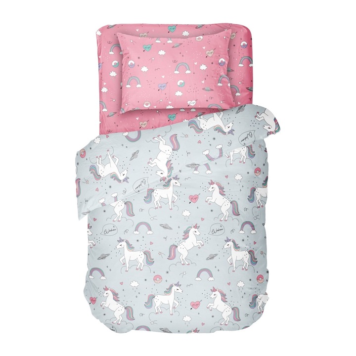 Dilios Unicorn Ágynemű garnitúra, szürke / rózsaszín, 3 részes