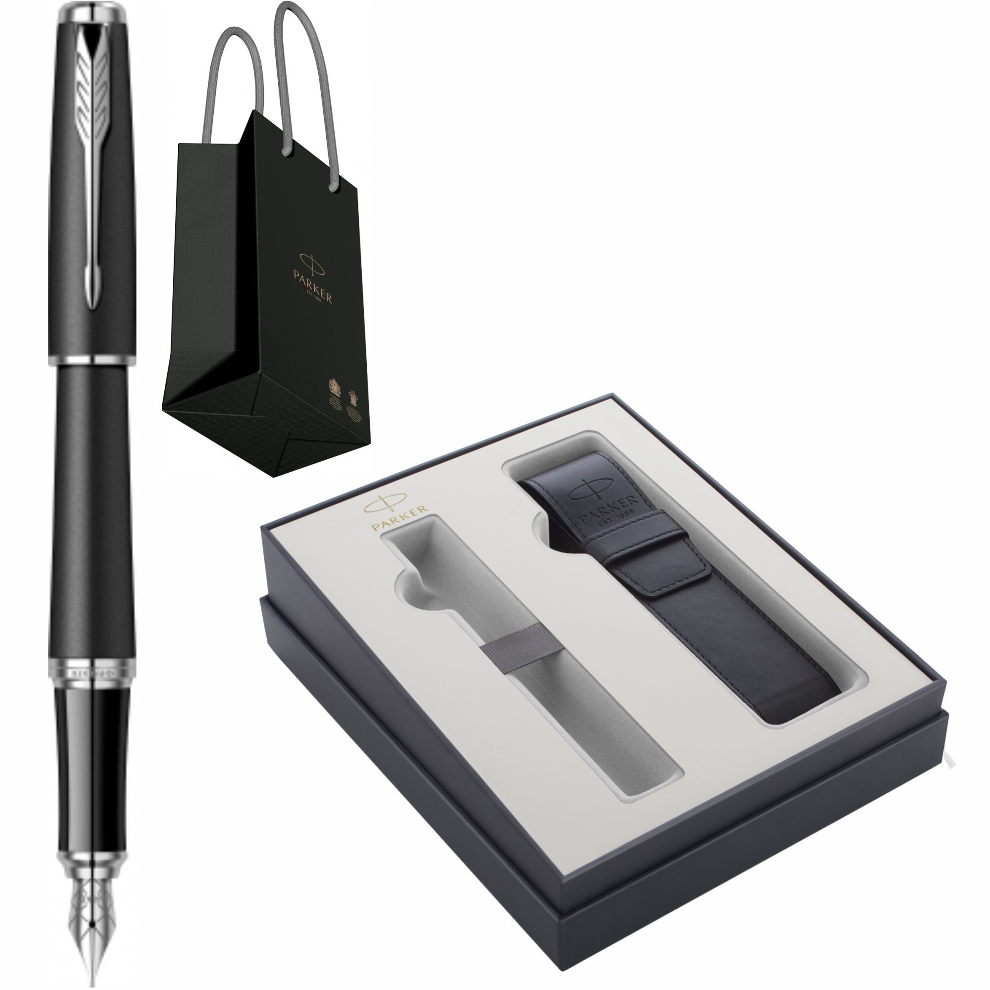 Stilou Parker Urban Royal Muted Black CT Personalizat prin Gravura Laser cu Etui Piele Parker Focus Collection in Punga Parker