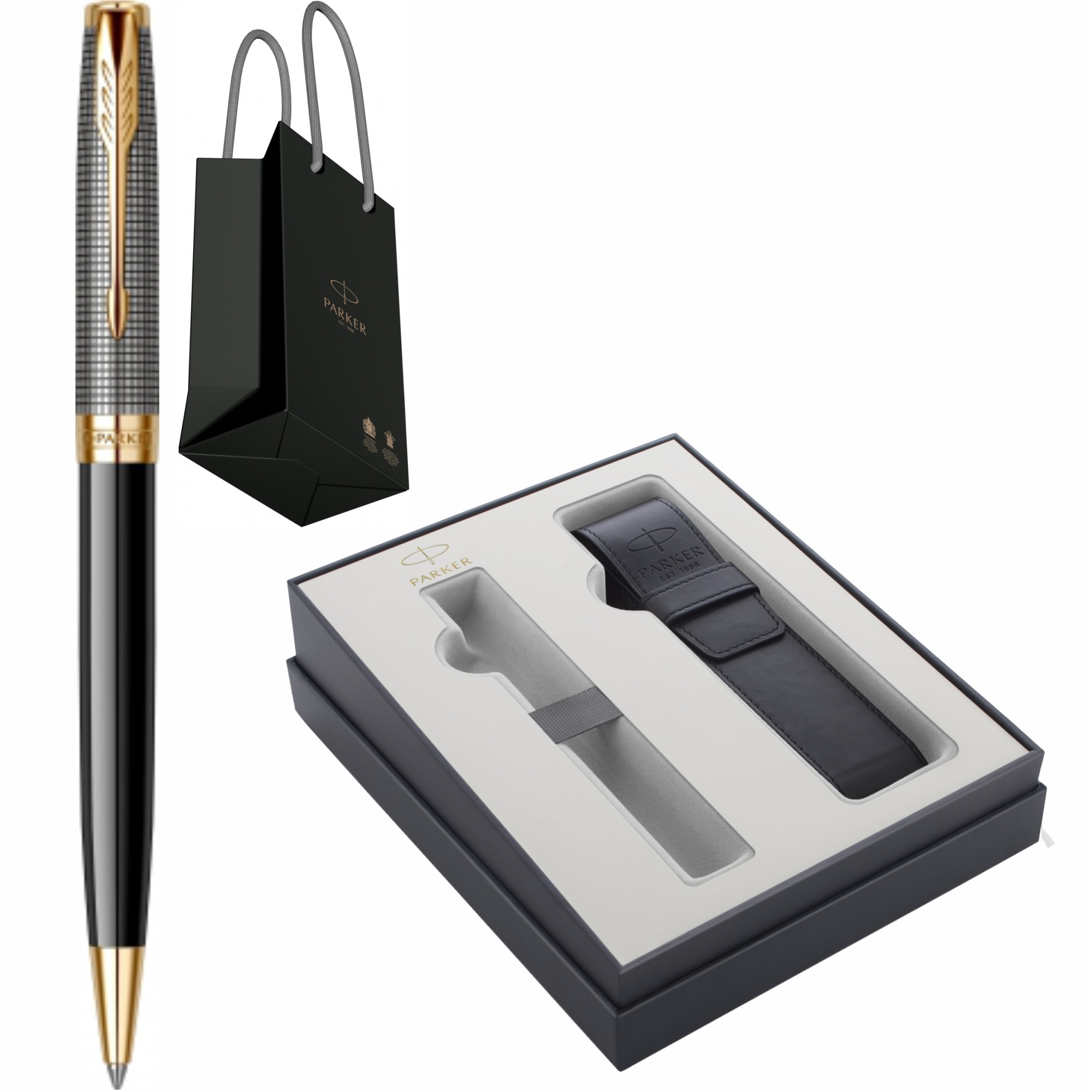 Pix Parker Sonnet Royal Chiselled Silver&Black GT Personalizat prin Gravura Laser in Cutie cu Etui Piele Parker Focus Collection in Punga Parker