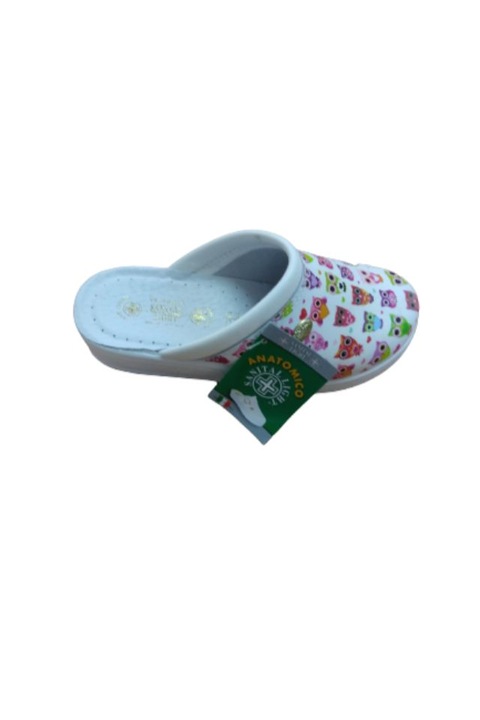 Saboti dama, Sanital Light, Piele naturala, Alb, imprimeu bufnite, Alb, 37