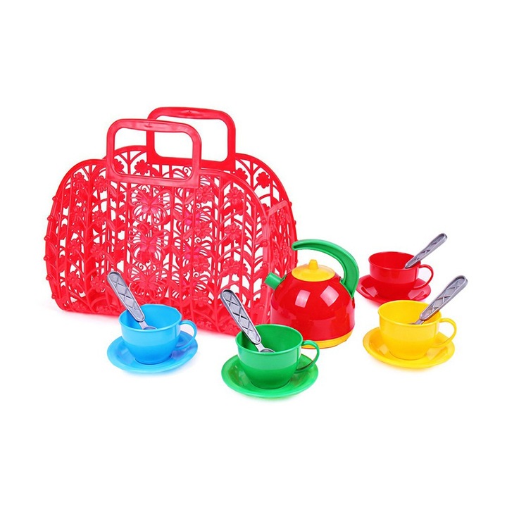 Чаен комплект в кошница Technok Toys W3287, За деца над 3 години, Многоцветен/Червен