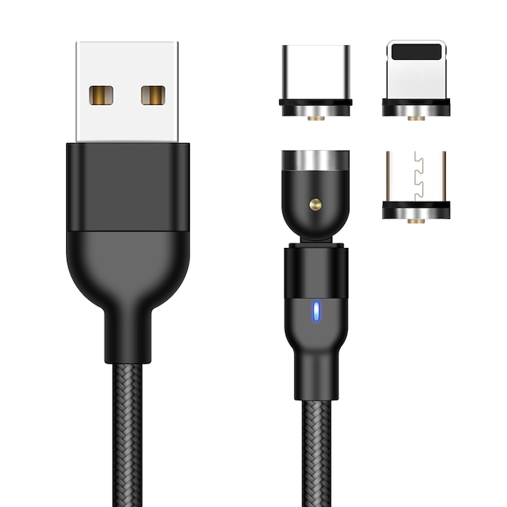 Cablu de incarcare rotativ ,3 in 1, Fast Charge 2.4 A, Negru, Micro-USB, USB-C, Lighting,2M