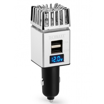 Purificator aer auto Technaxx, ionizare si producere ozon, dublu port USB, 18W, 12 -24V, negru/ argintiu Purificator aer auto Technaxx, ionizare si producere ozon, dublu port USB, 18W, 12 -24V, negru/ argintiu