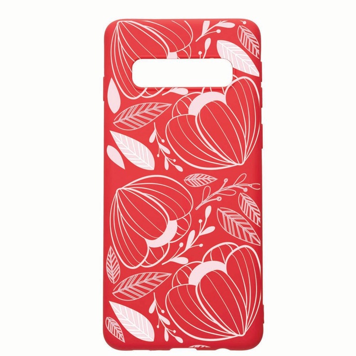 Силиконов калъф Unique за Samsung Galaxy S10 Plus, Pink Flowers, Red, R 113