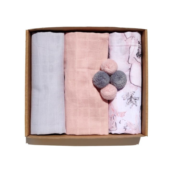 Scutece Muslin, Bellochi, set de 3 Gri/Roz, 60x80cm, 1x cu un pompon