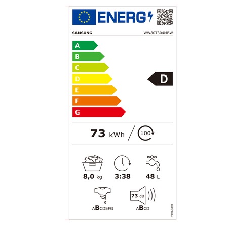 Masina de spalat rufe Slim Samsung WW80T304MBW/LE, 8 kg, 1400 RPM, Clasa D, Smart Check, Drum Clean, Motor Digital Inverter, Alb