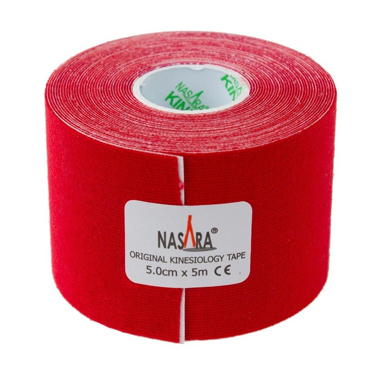 Banda kinesiologica Nasara, Impermeabil, Bumbac/Elastan, Fara latex, 5 cm x 5 m, Rosu