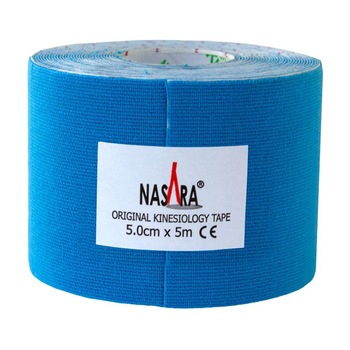 Banda kinesiologica Nasara, Impermeabil, Bumbac/Elastan, Fara latex, 5 cm x 5 m, Albastru Banda kinesiologica Nasara, Impermeabil, Bumbac/Elastan, Fara latex, 5 cm x 5 m, Albastru