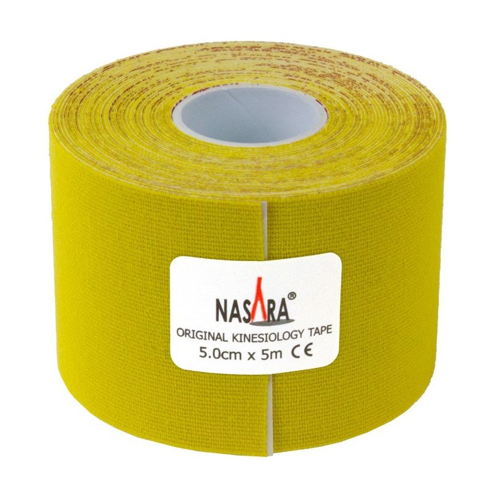 Banda kinesiologica Nasara, Impermeabil, Bumbac/Elastan, Fara latex, 5 cm x 5 m, Galben