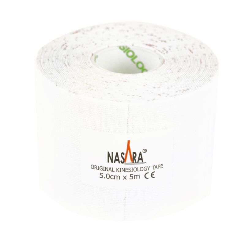 Banda kinesiologica Nasara, Impermeabil, Bumbac/Elastan, Fara latex, 5 cm x 5 m, Alb
