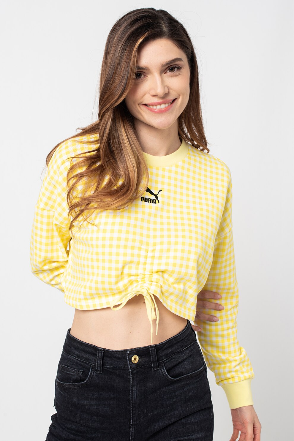Puma, Bluza sport crop cu model in carouri, Galben/Alb