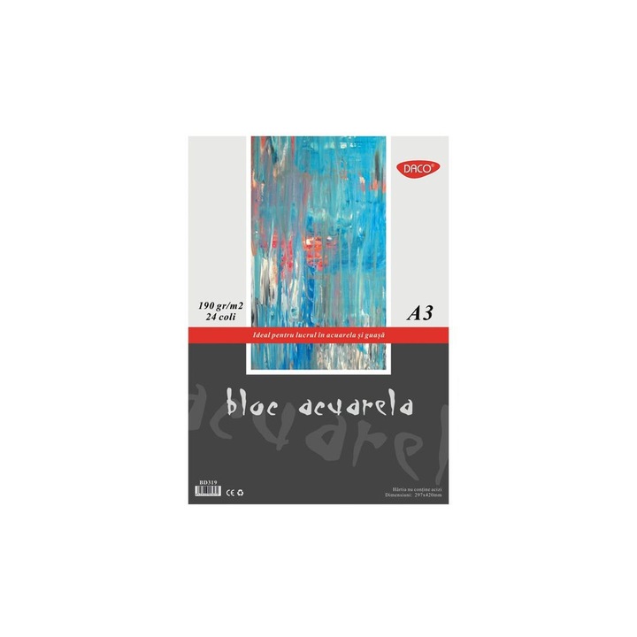 Bloc acuarela DACO, 190 g/mp, 24 coli, A3, Hartie alba