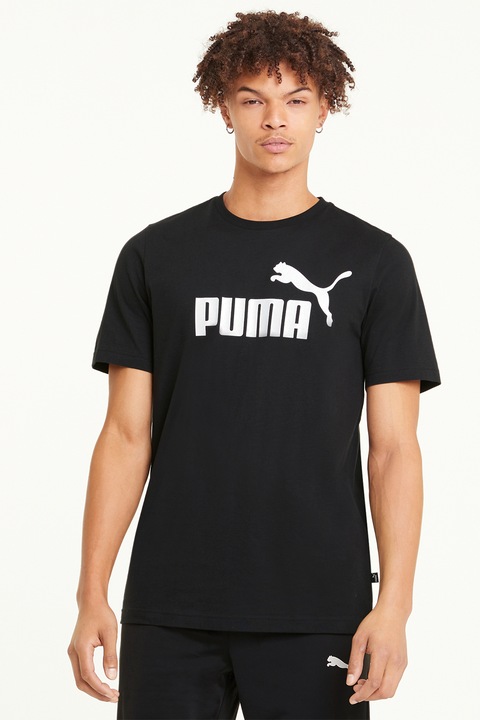 Puma, Tricou de bumbac cu imprimeu logo Essential, Alb/Negru