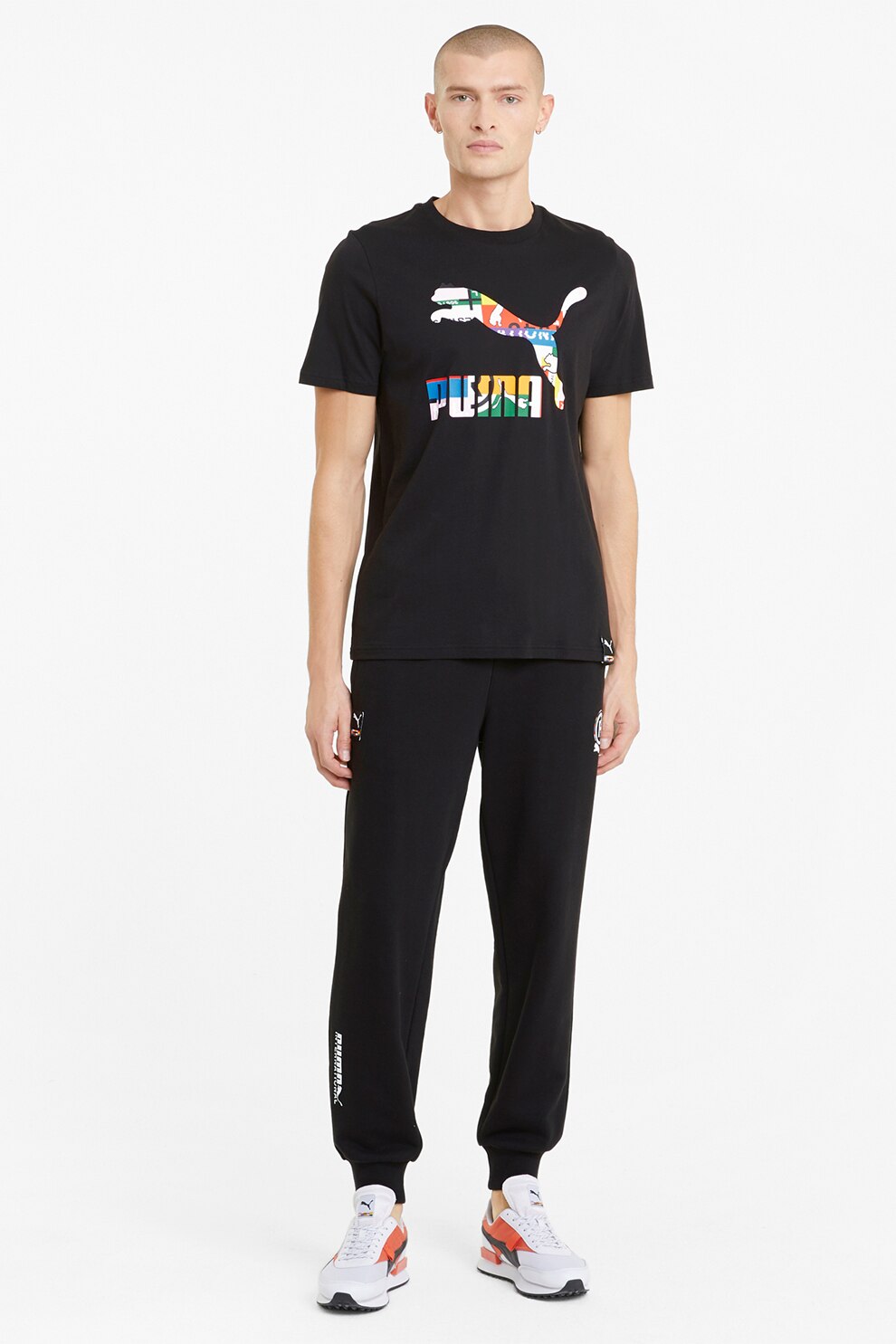 Puma, Tricou cu decolteu la baza gatului si imprimeu, Negru/Verde/Rosu