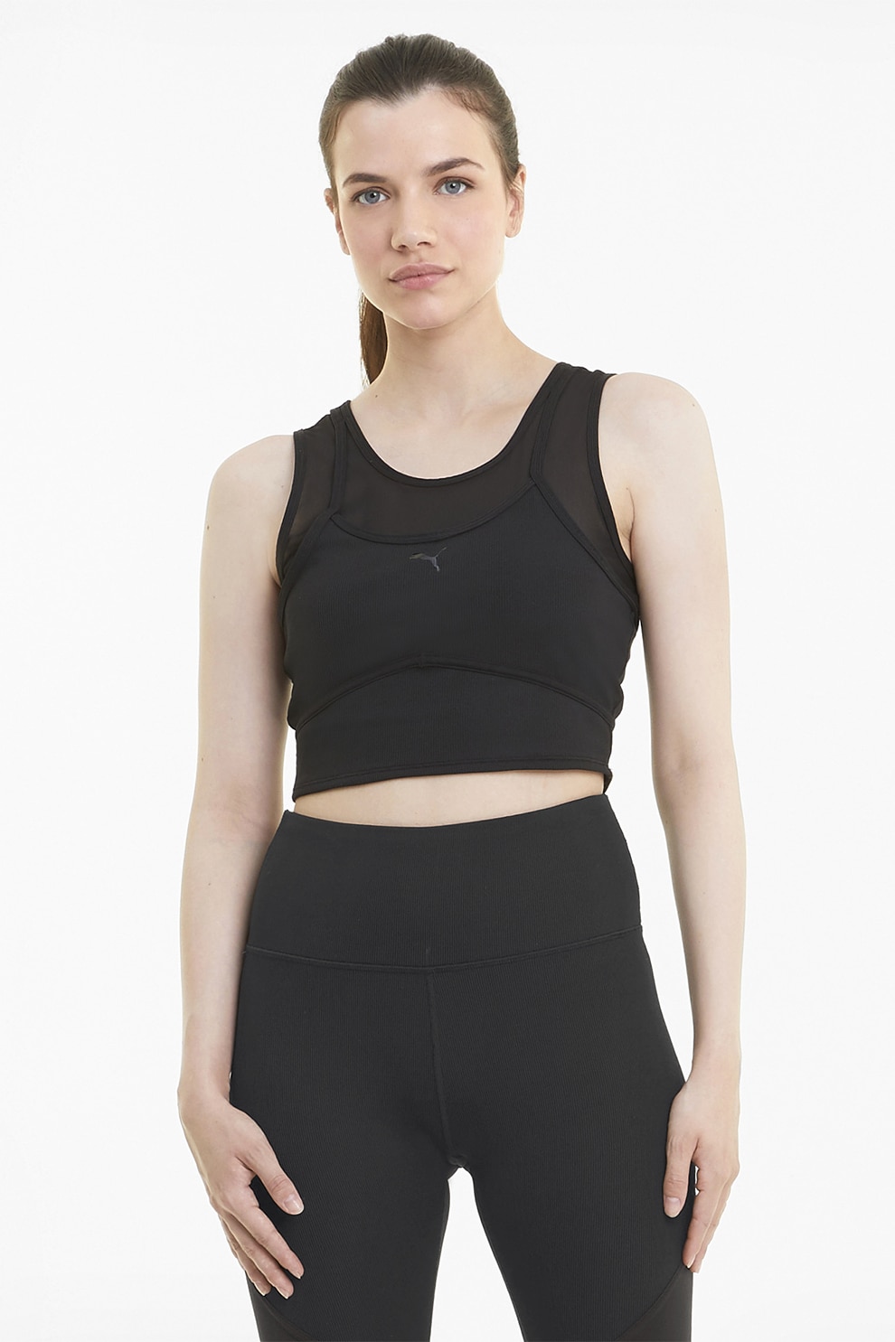 Puma, Top crop cu imprimeu logo, pentru yoga Studio, Negru