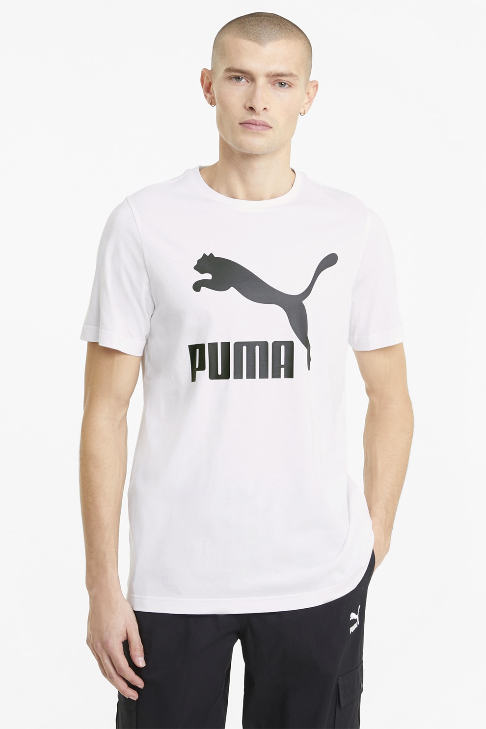 Puma, Tricou regular fit cu imprimeu logo Classics, Alb/Gri inchis, S