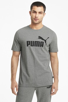 Puma, Tricou de bumbac cu imprimeu logo Essential, Gri inchis/ Negru