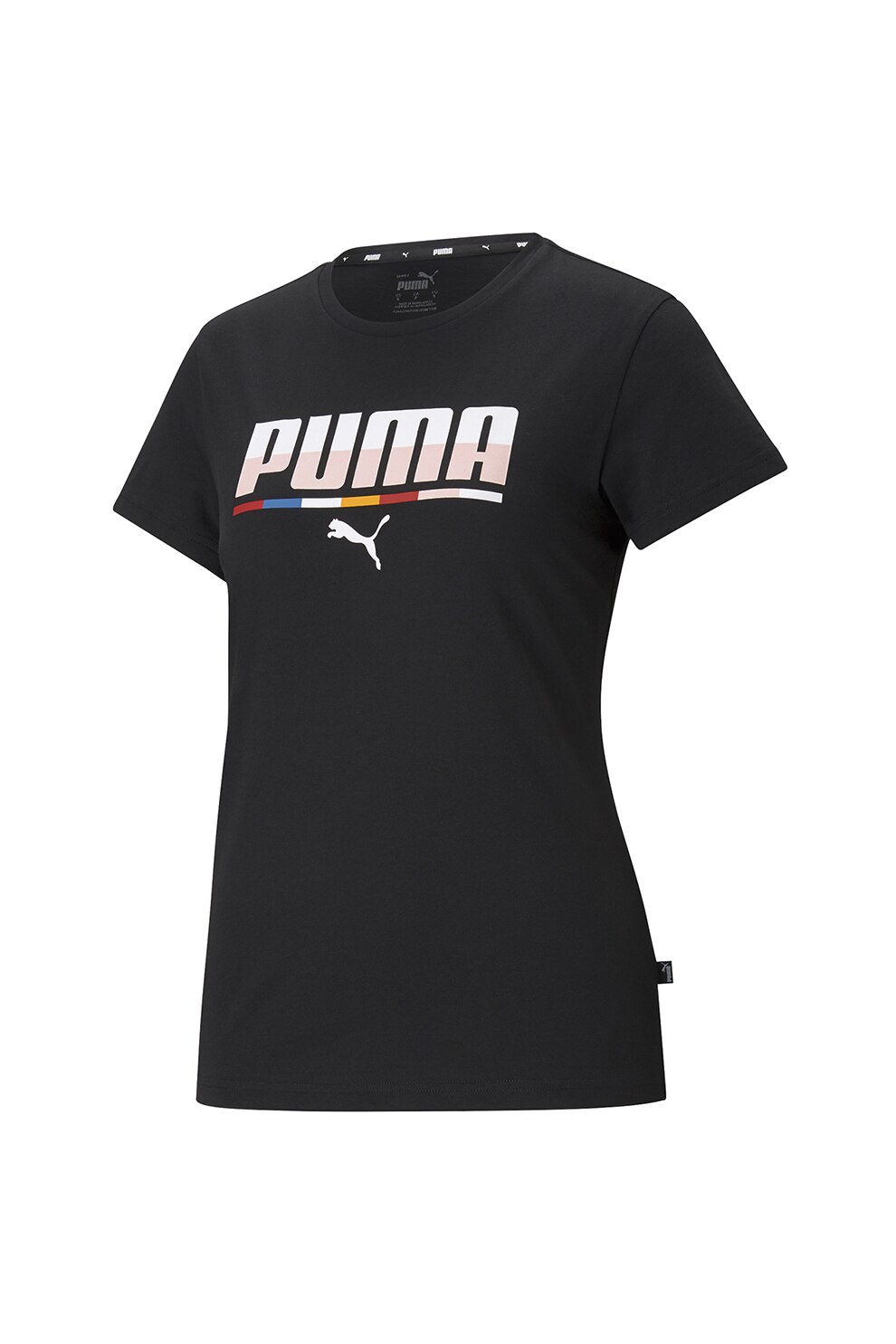 Puma, Tricou cu imprimeu logo si decolteu la baza gatului, Negru/Roz pal/Alb, XS