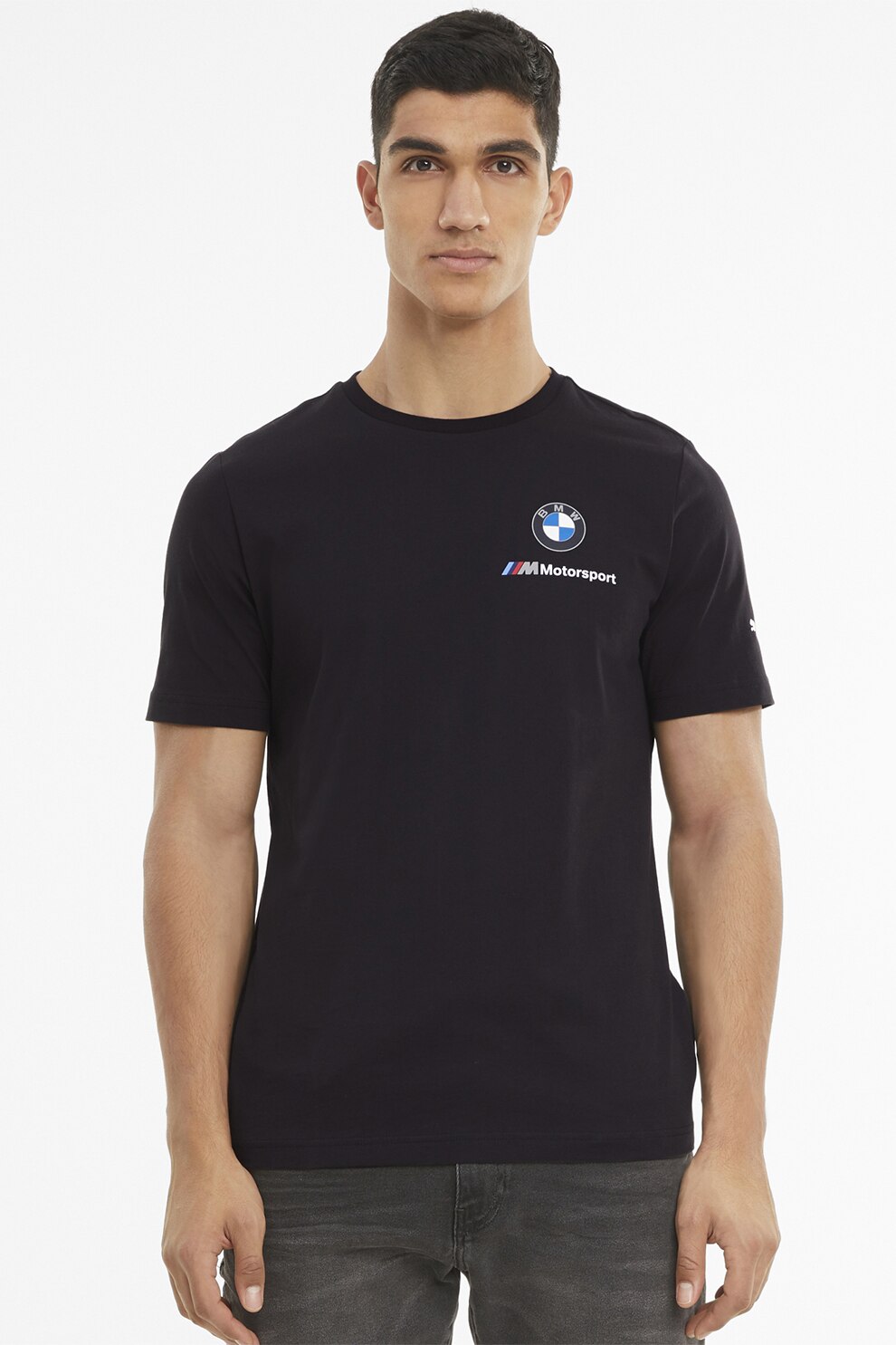 Puma, Tricou cu decolteu la baza gatului si logo discret, Negru/Albastru/Alb