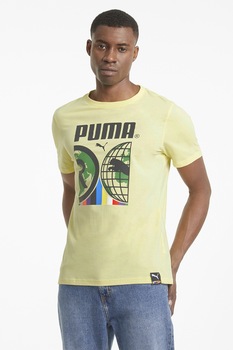 Puma, Tricou cu decolteu la baza gatului si imprimeu, Galben pal/Negru/verde