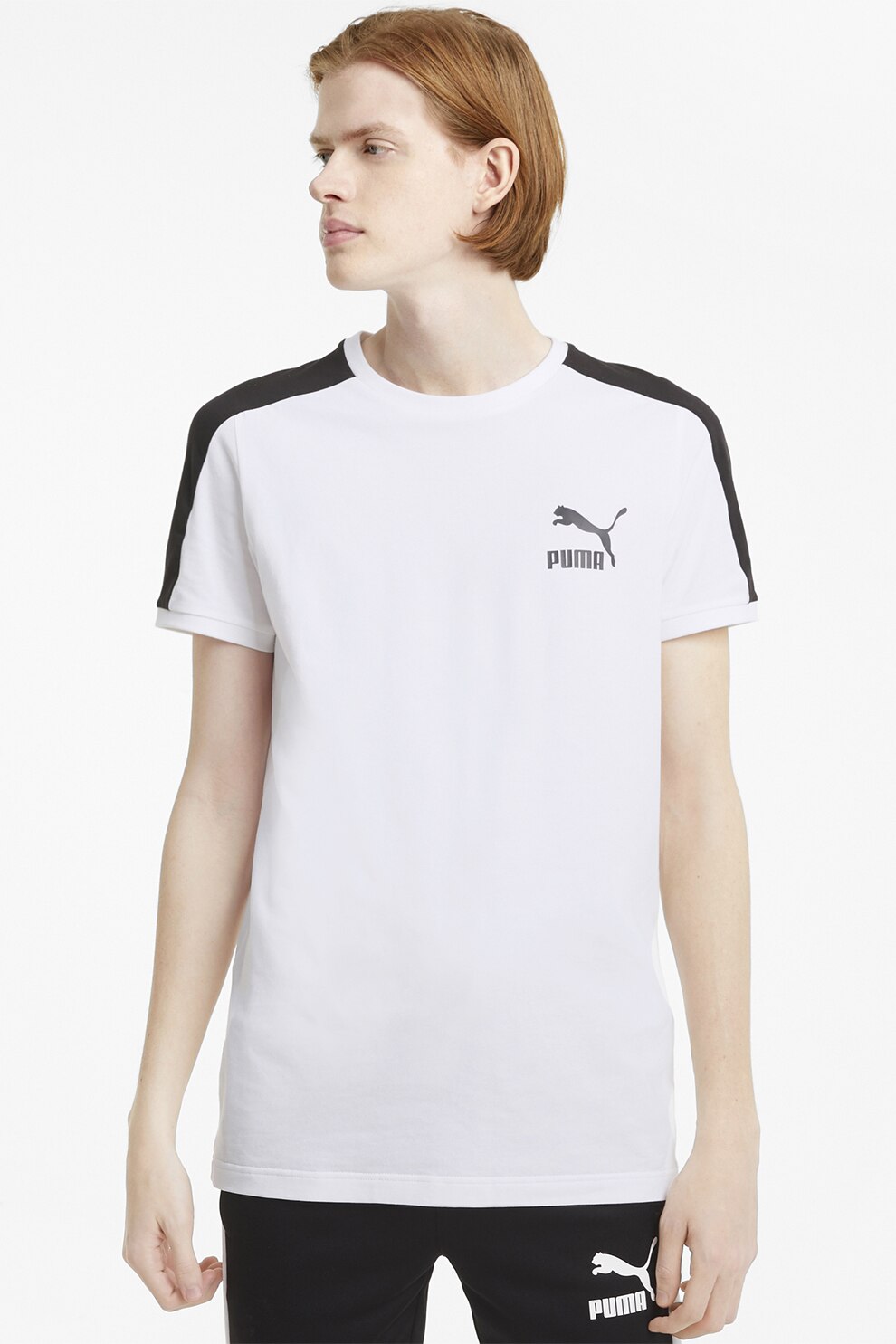 Puma, Tricou cu logo Iconic T7, Alb/Negru