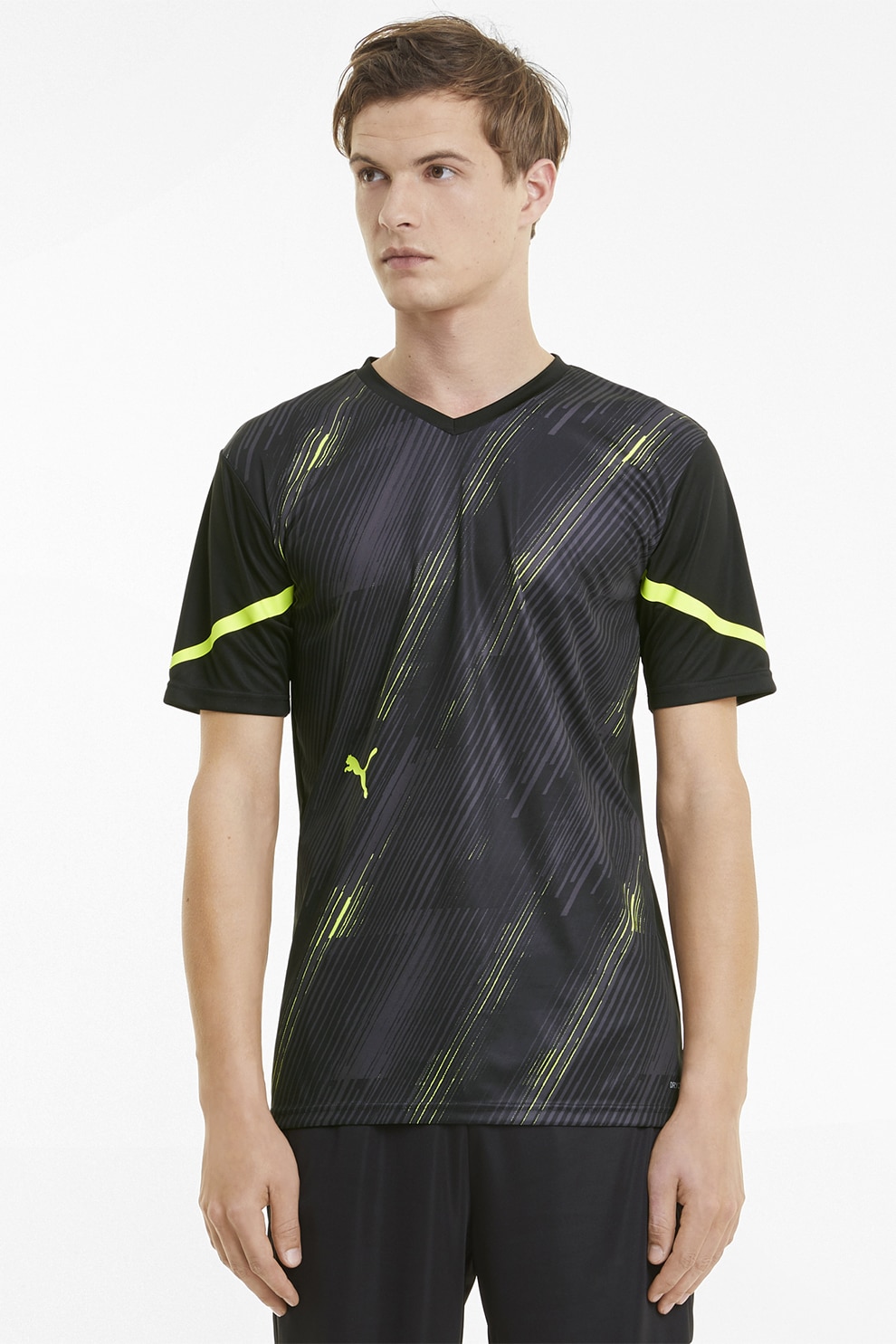 Puma, Tricou slim fit cu decolteu in V, pentru fotbal IndividualCUP, Negru/ Verde lime