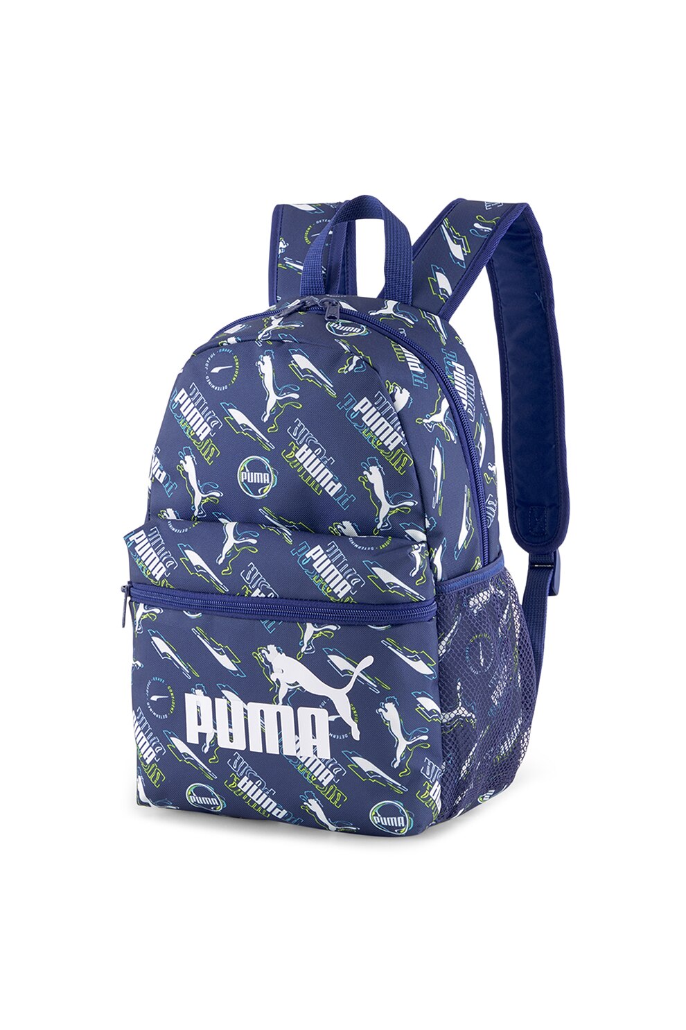 Puma, Rucsac cu imprimeu logo si buzunar exterior cu fermoar Phase - 13l, Albastru inchis/Alb/Verde electric