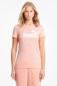 Puma, Tricou cu decolteu la baza gatului si logo Essentials, Roz somon Puma, Tricou cu decolteu la baza gatului si logo Essentials, Roz somon