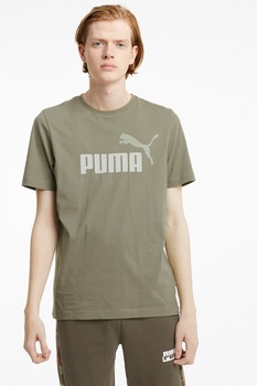 Puma, Tricou cu imprimeu logo si decolteu la baza gatului Essentials +2 Colour, Verde militar