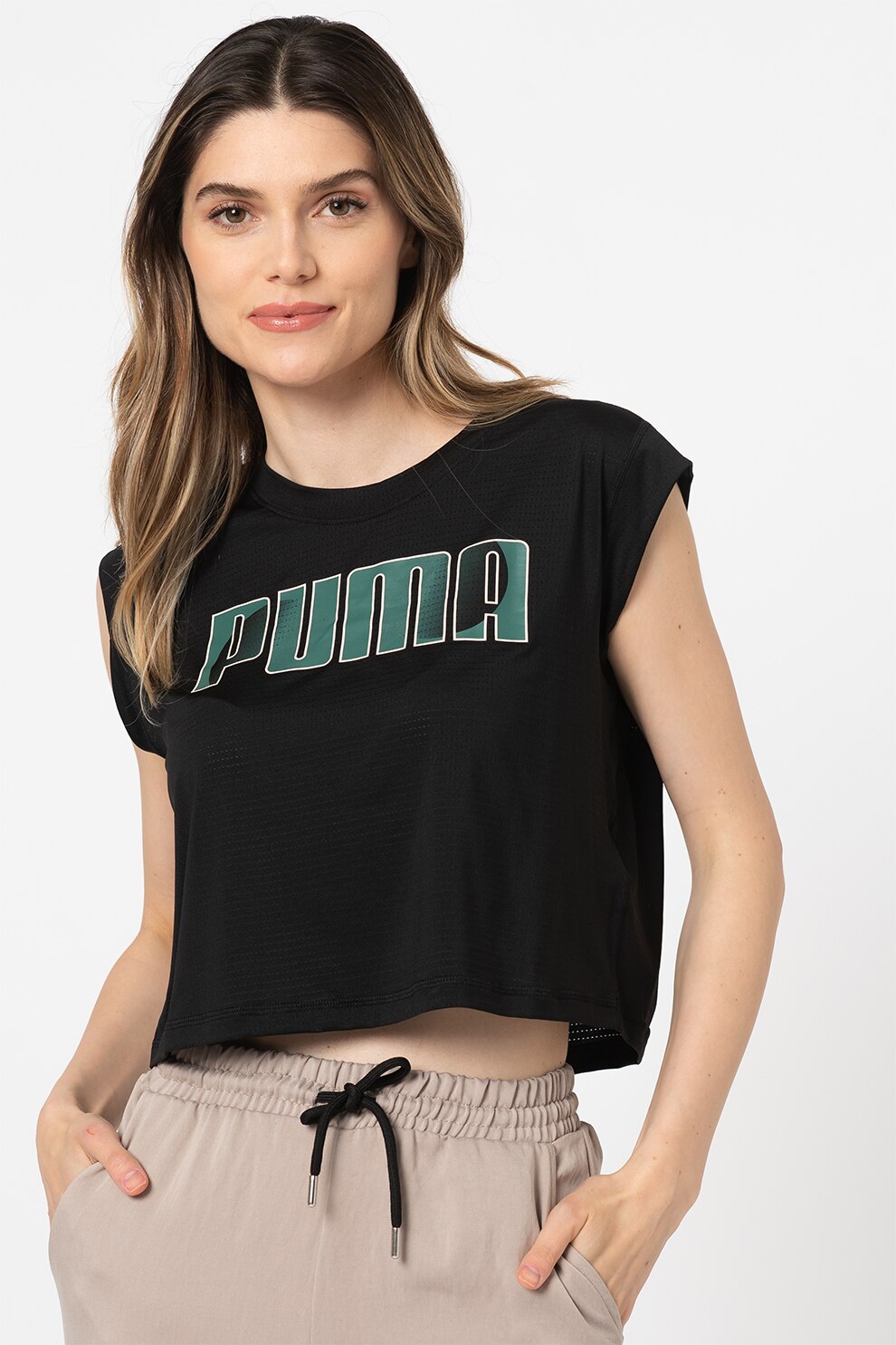 Puma, Tricou crop cu tehnologie dryCELL si imprimeu logo pentru fitness, Negru