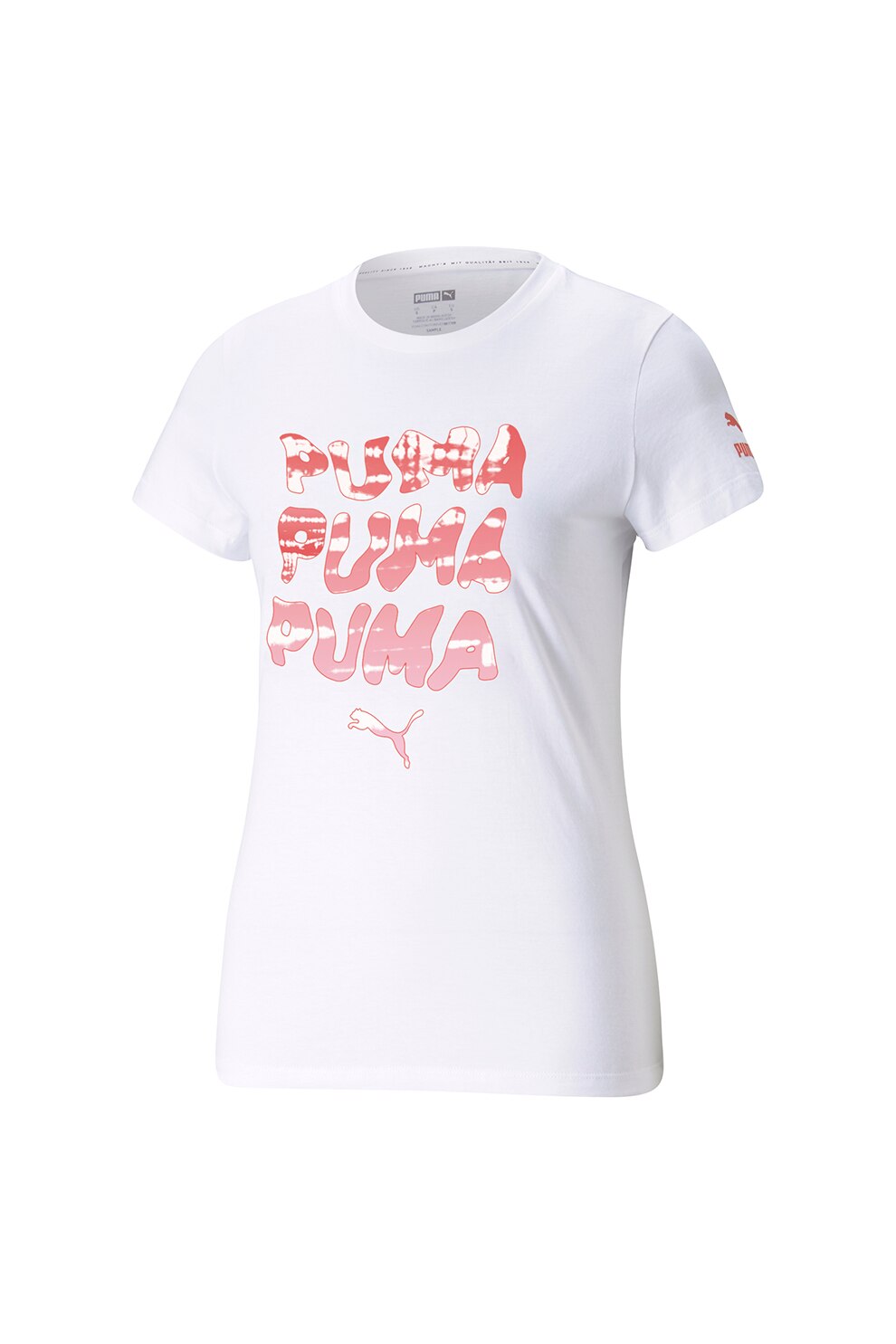 Puma, Tricou cu decolteu la baza gatului si imprimeu logo, Alb/Roz