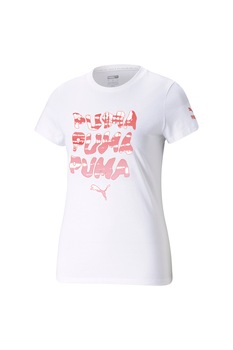 Puma, Tricou cu decolteu la baza gatului si imprimeu logo, Alb/Roz Puma, Tricou cu decolteu la baza gatului si imprimeu logo, Alb/Roz