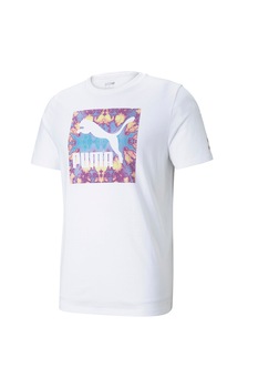 Puma, Tricou cu decolteu la baza gatului si imprimeu logo, Alb Puma, Tricou cu decolteu la baza gatului si imprimeu logo, Alb