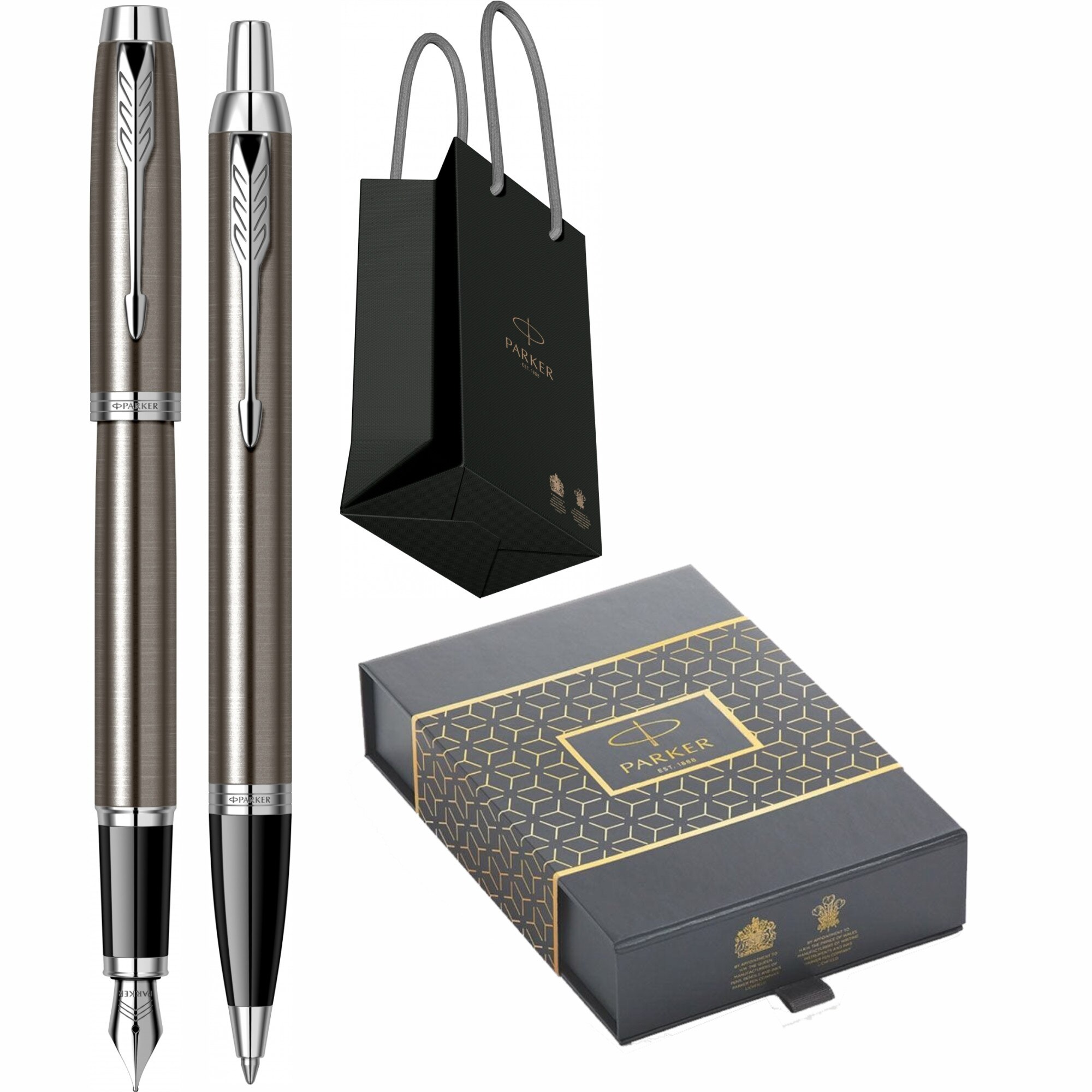Set Stilou Pix Parker IM Royal Dark Espresso CT Personalizat prin Gravura Laser in Cutie Duo Parker si Punga Parker
