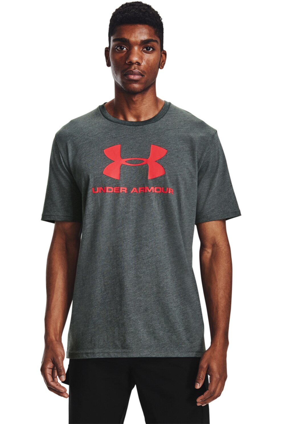 Under Armour, Tricou cu imprimeu, pentru antrenament Sportstyle, Gri inchis melange/Oranj