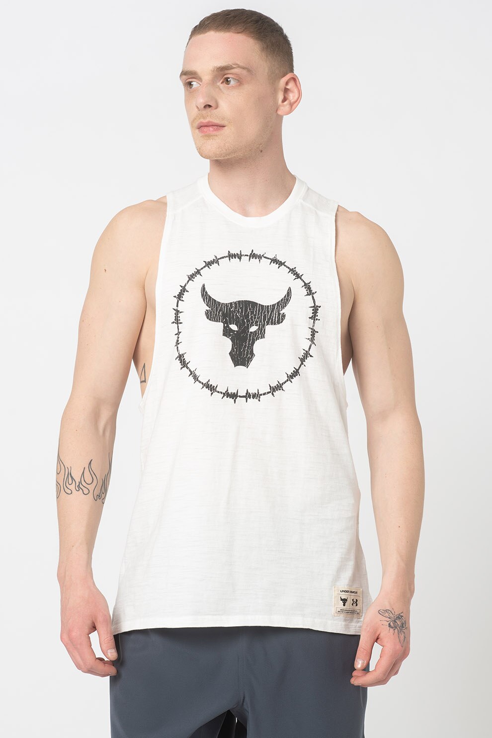 Under Armour, Top lejer cu imprimeu pentru fitness Project Rock, Alb/Negru