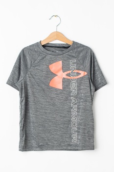 Under Armour, Tricou lejer cu imprimeu logo pentru fitness Tech Split, Gri melange/Roz neon Under Armour, Tricou lejer cu imprimeu logo pentru fitness Tech Split, Gri melange/Roz neon
