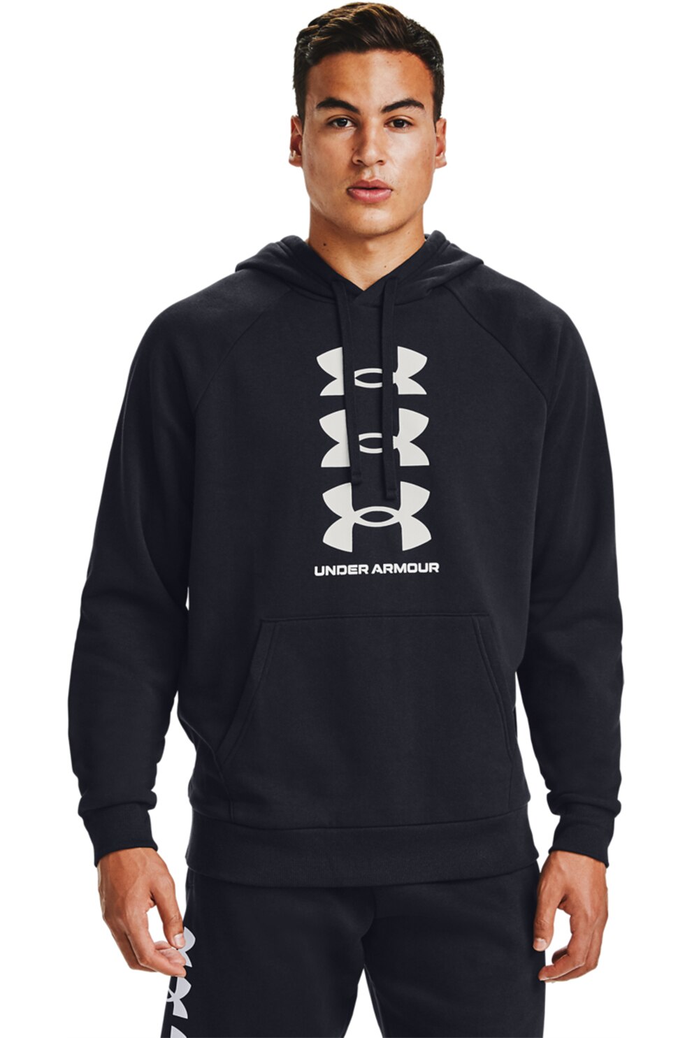 Under Armour, Hanorac de fleece lejer, cu logo, pentru antrenament Rival, Negru/Alb