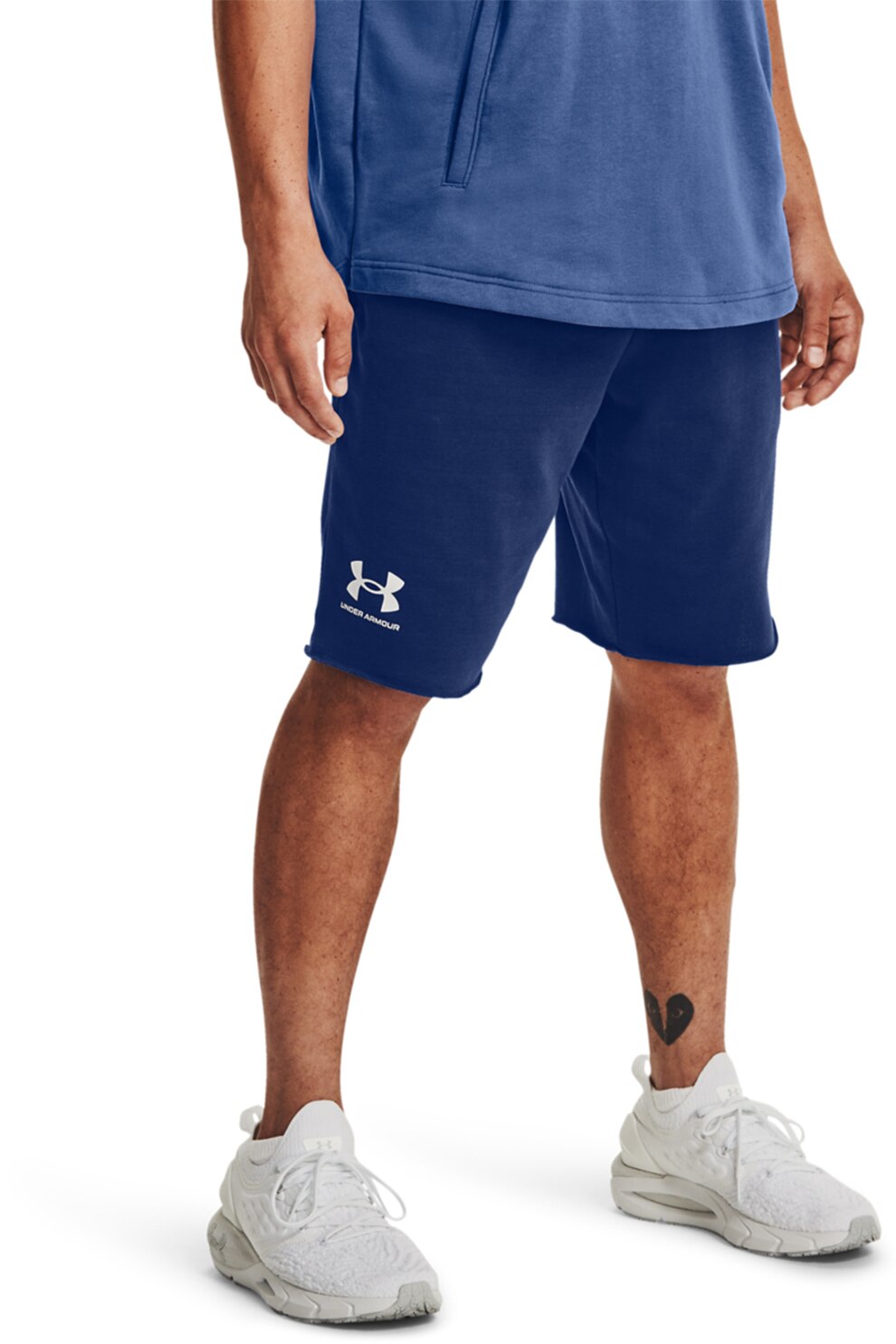 Under Armour, Pantaloni scurti din material terry pentru fitness Rival, Albastru inchis
