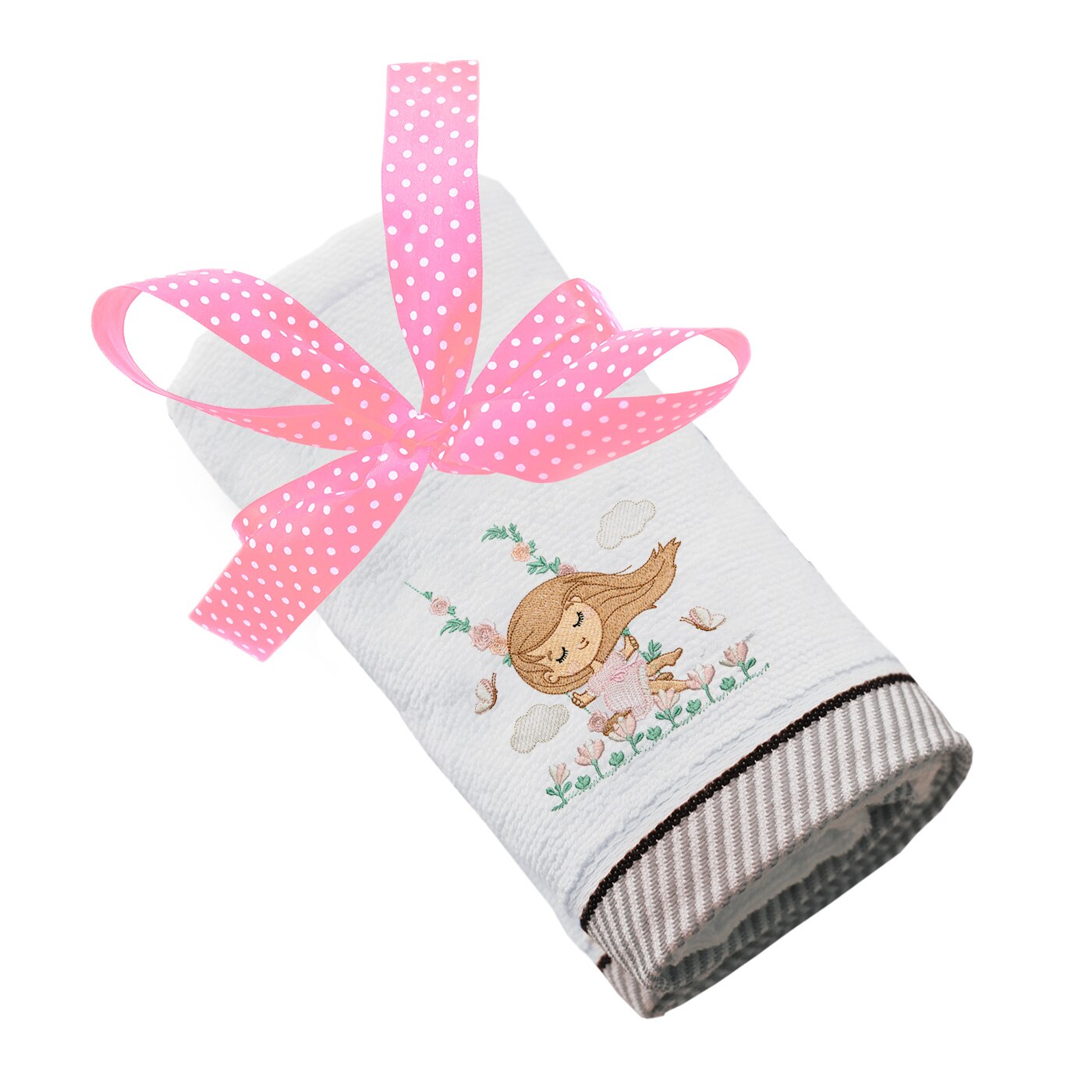 Prosop copii, LWS, bumbac, brodat, model Fetita in leagan, alb, 50x100 cm