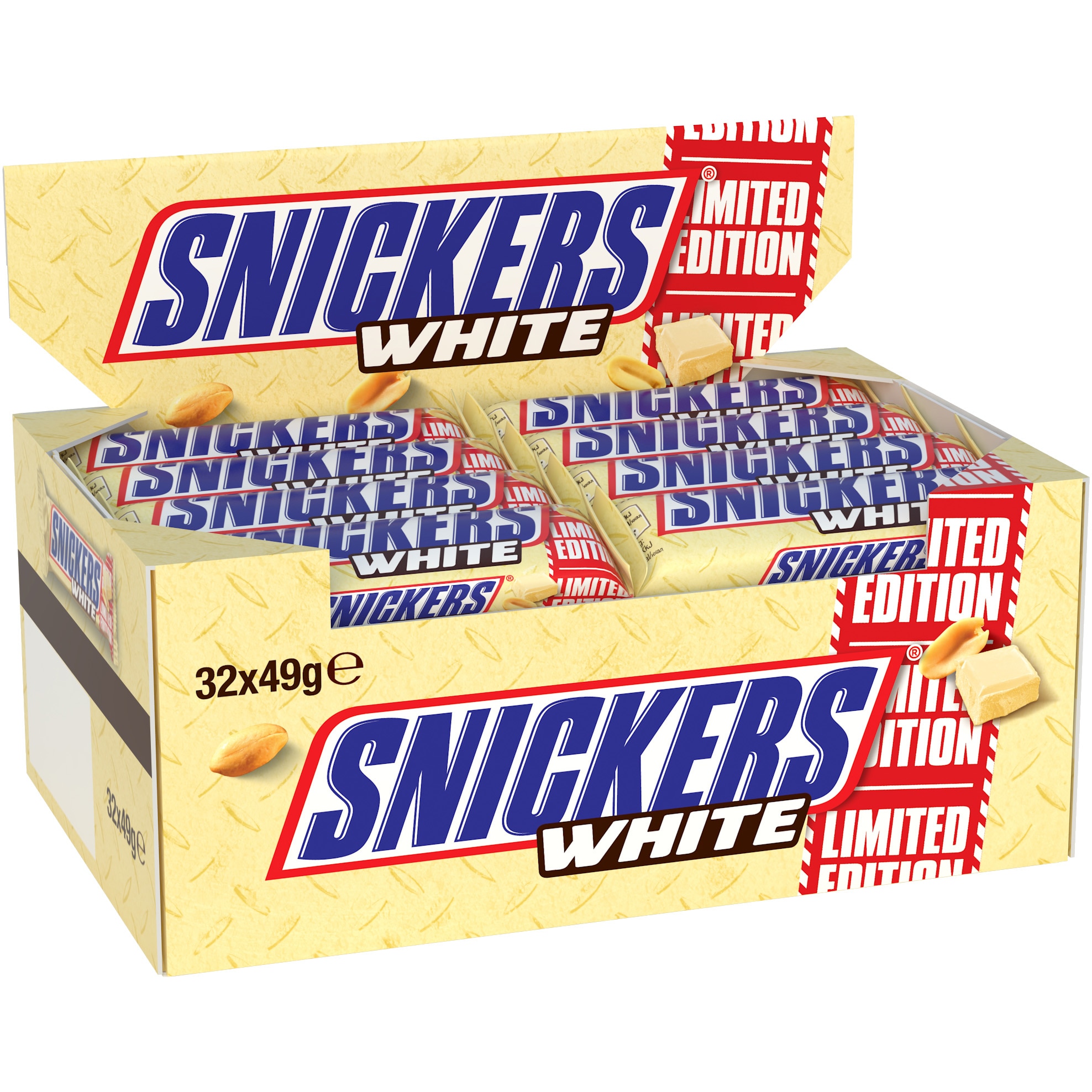 Baton ciocolata cu lapte si arahide proaspat prajite Snickers White, 32x49g, 1.568kg