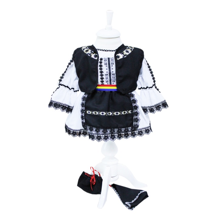 Costum popular pentru botez, alb-negru, 6 piese, bluza, fusta cu fota aplicata, vesta, botosi, batic, brau, pentru fetite, REC7, 9-12 luni
