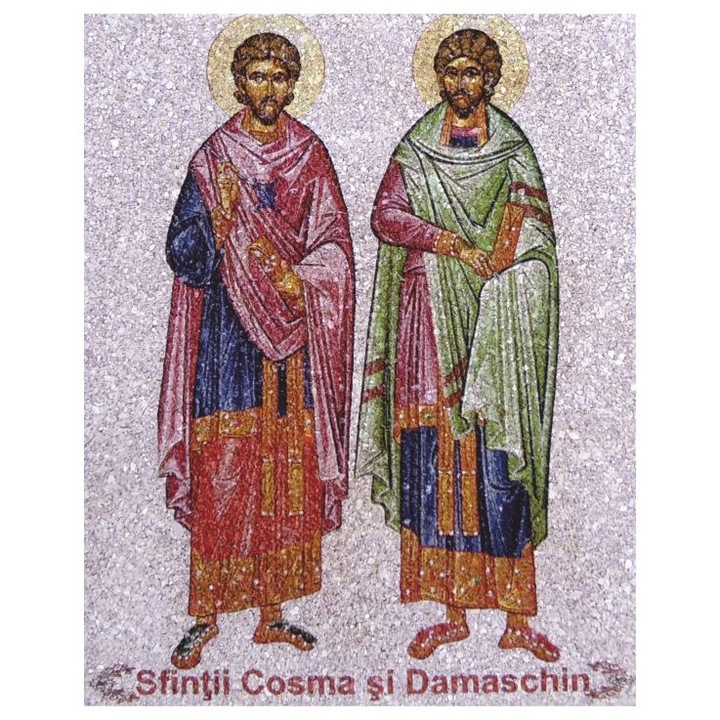 Icoana pe Coaja de OU, " Sfintii Cosma si Damaschin " , Ecoart Movement , Vindecatorii tuturor bolnavilor , suport de lemn stratificat , 25 cm x 20 cm