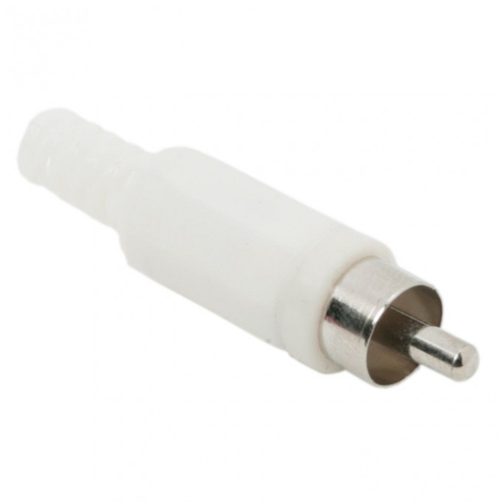 Fisa RCA executie plastic, cu protectie pentru cablu, Pachet 10 bucati, alb